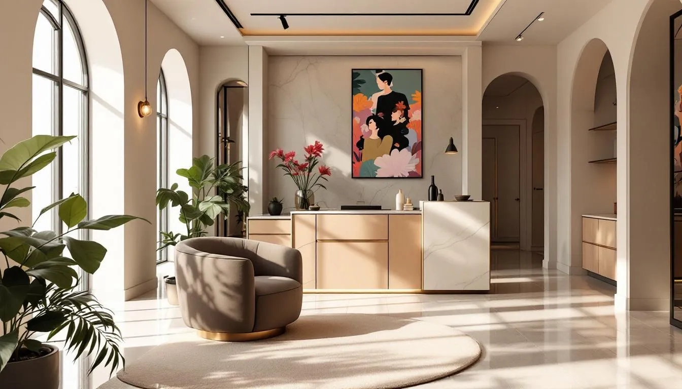 Modern luxury interior design showroom with front desk and elegant finishes